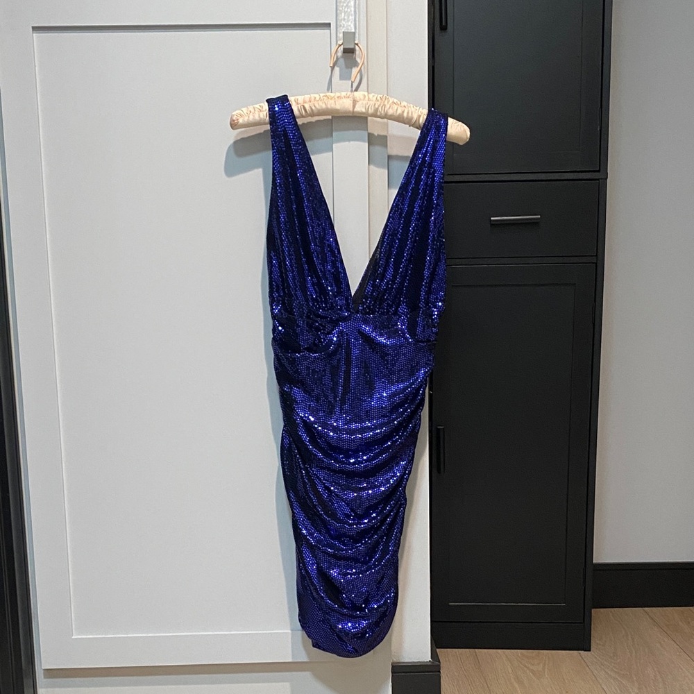 Dazzling Deep Blue Ruched Sequin Mini Dress